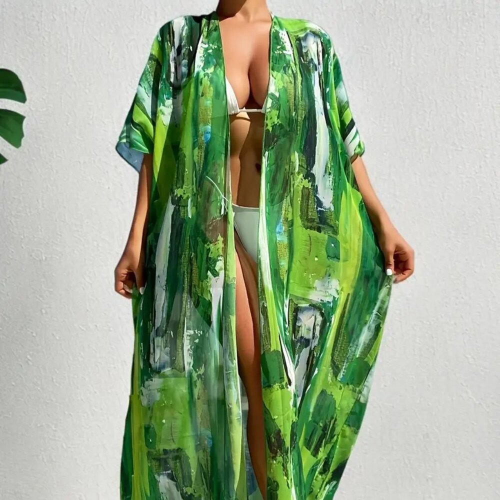 Beautiful Chic Bold Contrast Color Flowy Open Front Beach Cover-Up